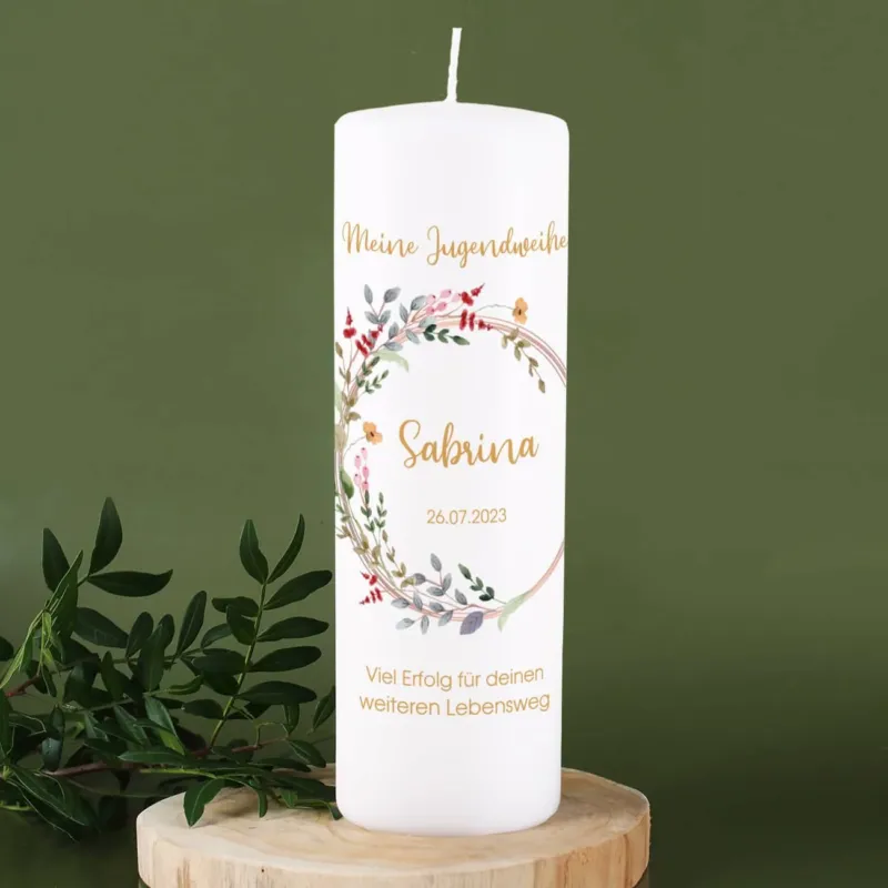 Echtwachskerze zur Jugendweihe mit schönen Wildblumenmotiv mit Name, Datum und Wunschtext