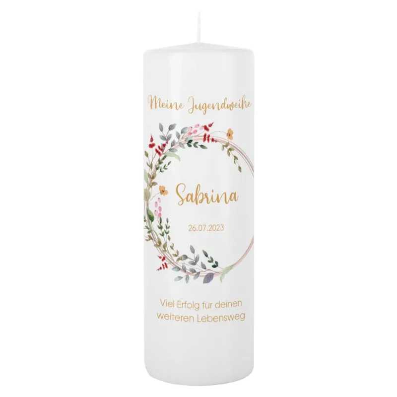 Weiße Kerze zur Jugendweihe mit Wildblumenmotiv im Watercolor-Stil
