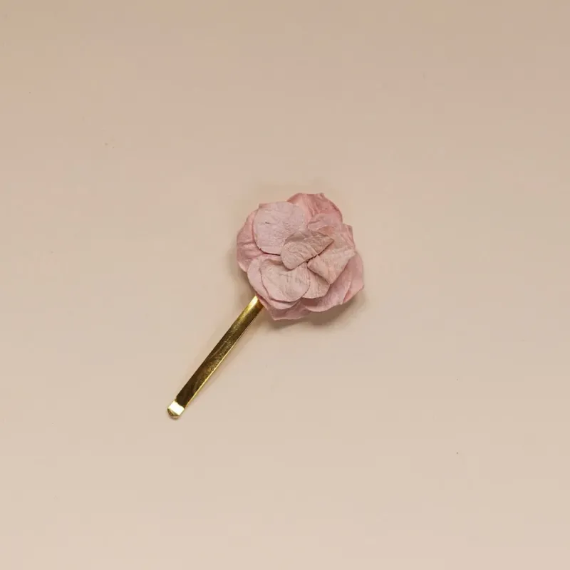 Trio de barrettes fleurs en papier rose, vue de face des trois pièces - Flowrette