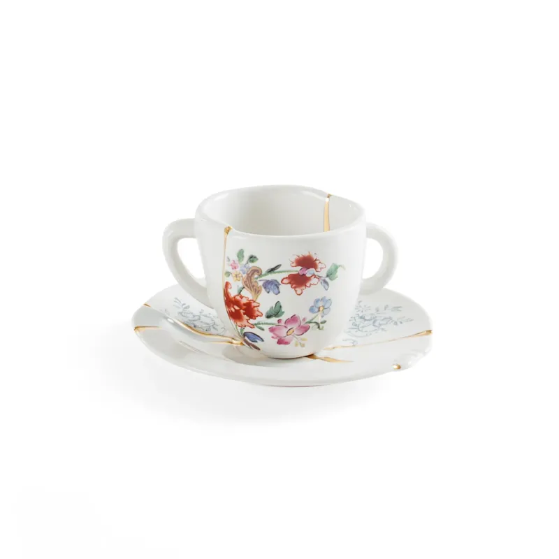 Kintsugi Espressotasse mit Unterteller als edles Porzellan-Set