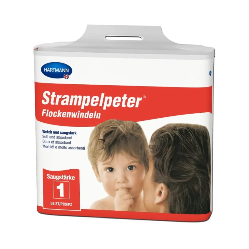Verpackung der Strampelpeter Flockenwindeln Stärke 1 von Hartmann, mit rotem und weißem Design, einem Foto von einem Baby und einer Frau sowie der Aufschrift ‚Weich und saugstark‘ in mehreren Sprachen.