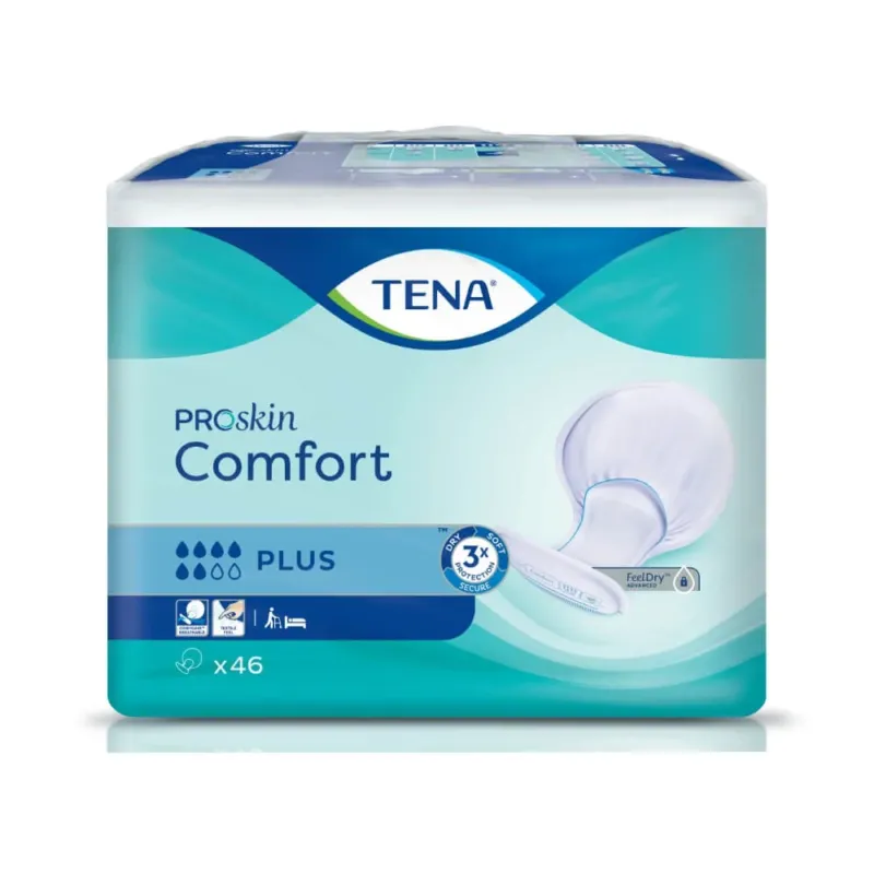 Das Bild zeigt das Produkt "TENA Comfort Plus", ein Inkontinenzprodukt für Erwachsene. Die Packung ist in einem hellen Blau gehalten und zeigt das Produkt selbst, das als dünne, ovalförmige Einlage dargestellt ist. Oben auf der Verpackung steht der Markenname "TENA", gefolgt von "Comfort Plus". Es gibt Angaben zur Größe und zur Anzahl der enthaltenen Einlagen. Im Hintergrund sind sanfte Farbtöne und eine subtile Textur zu sehen, die den hygienischen Charakter des Produkts unterstreichen.