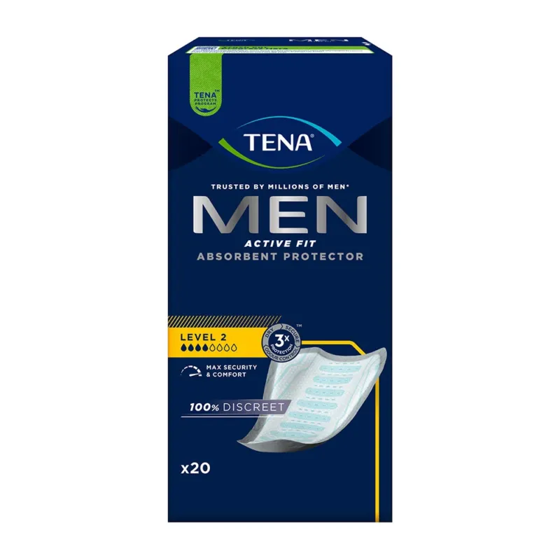 Frontalansicht einer Packung Tena Men Active Fit Level 2 Inkontinenzeinlagen.