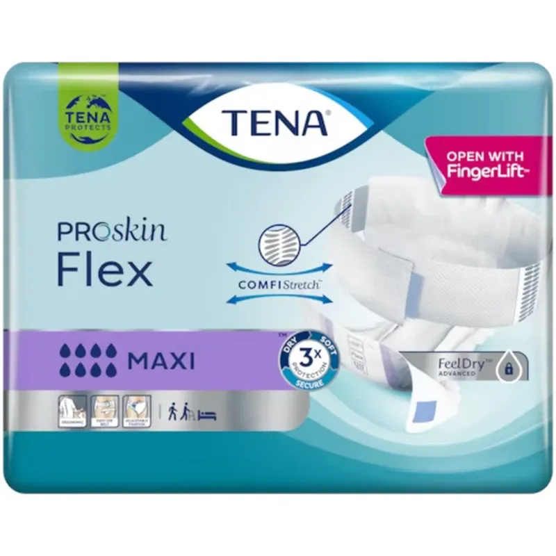 TENA ProSkin Flex Maxi, ein Inkontinenzprodukt, auf einem weißen Hintergrund. Es handelt sich um eine atmungsaktive, schützende Unterlage mit elastischen Seitenteilen für optimale Anpassung und Komfort. Die Vorderseite zeigt die Produktverpackung mit dem klaren TENA-Logo und Informationen zu Größe und Saugfähigkeit. Das Design betont die Benutzerfreundlichkeit und die diskrete Anwendung. Sichtbar sind auch Hinweise zu dermatologischer Verträglichkeit und einer weicheren Oberfläche für mehr Hautschutz.