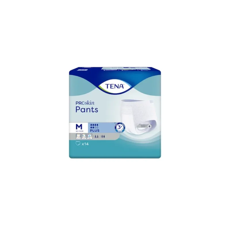 Das Bild zeigt eine Verpackung mit TENA ProSkin Pants Plus in der Größe M. Die Vorderseite der Packung ist hellblau und trägt das Produktlogo deutlich sichtbar. Unter dem Logo ist eine Beschreibung des Produkts in weißer Schrift angegeben. Die Packung zeigt die Ikonografie zur Saugstärke und den atmungsaktiven Eigenschaften. Im Hintergrund ist ein subtiler gradient, der die visuelle Attraktivität erhöht.