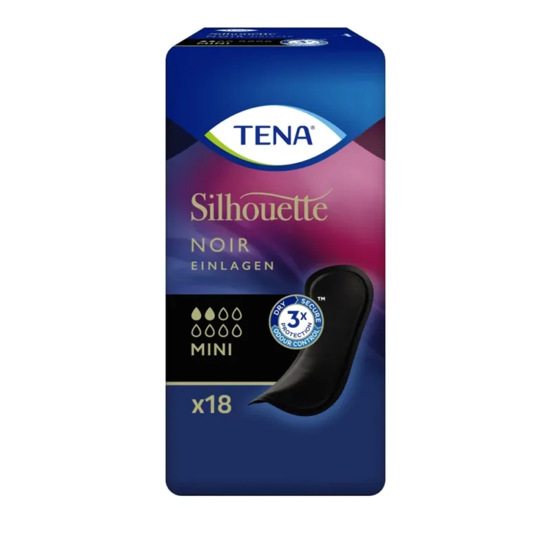 Das Bild zeigt ein Produktpaket der TENA Silhouette Mini in der Farbvariante Schwarz. Das Paket hat eine elegante, minimalistische Gestaltung mit einer Abbildung von einer Frau in sportlicher Kleidung, die selbstbewusst und aktiv wirkt. Der Packungsinhalt wird durch den Produkttitel klar dargestellt, und es sind Informationen zu Größe und Nutzung zu erkennen. Die Verpackung hebt die diskrete und schützende Natur des Produkts hervor, ideal für Damen, die bequemen Schutz suchen.