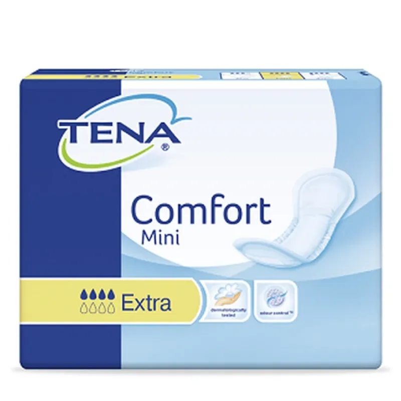 Produktbild des TENA Comfort Mini Extra Inkontinenzprodukts in einer transparenten Verpackung. Die Verpackung zeigt das Produkt mit einer hellblauen und weißen Farbkombination, die die Hauptmerkmale des Produkts hervorhebt. Die Vorderseite der Verpackung enthält den Markennamen "TENA", die Produktspezifikation "Mini Extra" sowie ein grafisches Symbol, das auf zusätzliche Saugfähigkeit hinweist. Im Hintergrund ist ein weicher, neutraler Farbton zu sehen, der die Produktpräsentation ergänzt.