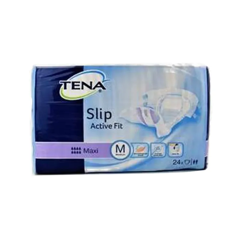 Produktbild des TENA Slip Active Fit Maxi mit einer transparenten Verpackung. Die Einlagen sind in einer modernen, funktionalen Designform dargestellt, mit einem sanften Blau- und Weißton. Die Vorderseite zeigt das Logo "TENA", den Produkttyp "Active Fit" sowie "Maxi" zur Kennzeichnung der Saugstärke. Die Einlage hat eine anatomische Form, die für eine bessere Passform sorgt. Der Hintergrund ist neutral gehalten, um das Produkt in den Fokus zu rücken, und es sind keine weiteren Dekorelemente vorhanden.