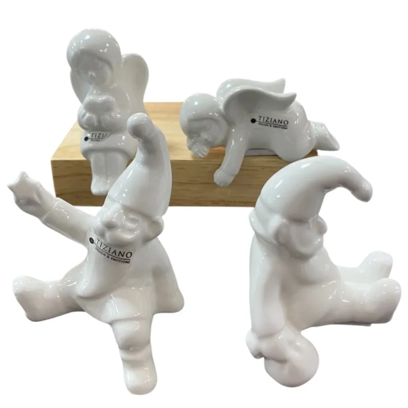 Tiziano Deko-Keramikfiguren Engel Laila und Santa Linus, weiße Kantensitzer im Mini-Format aus glänzender Keramik