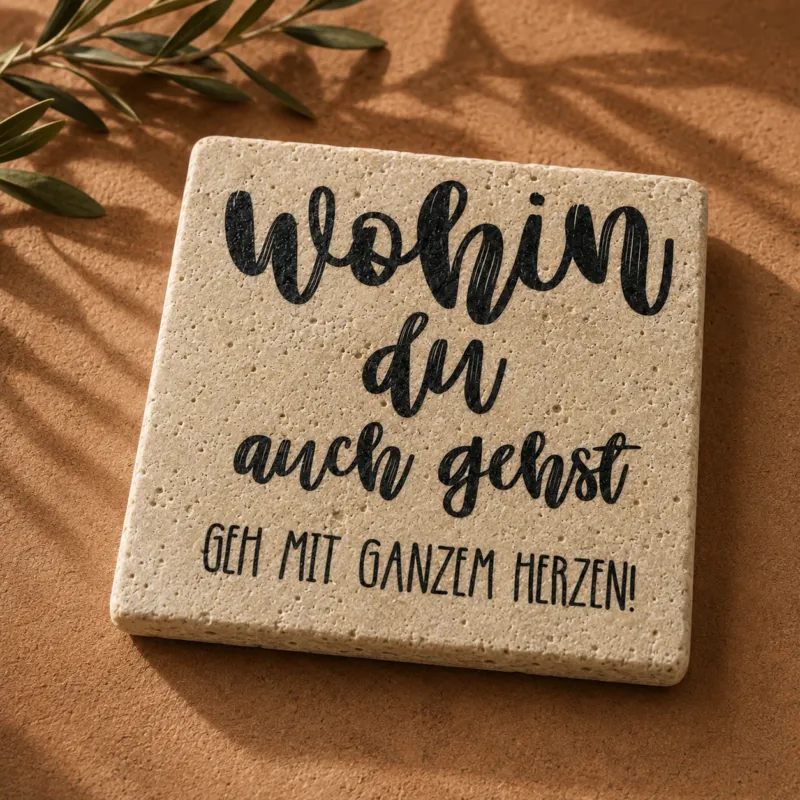 Kleines Kunstwerk aus Travertin mit dem Spruch „Wohin du auch gehst, geh mit ganzem Herzen“ auf warmem Untergrund mit Olivenzweig.